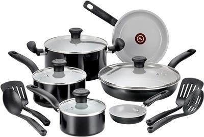 Amazon.com: T-fal Initiatives Ceramic Nonstick Cookware Set 14 Piece Oven Safe 350F Pots and Pans Black: Home & Kitchen
