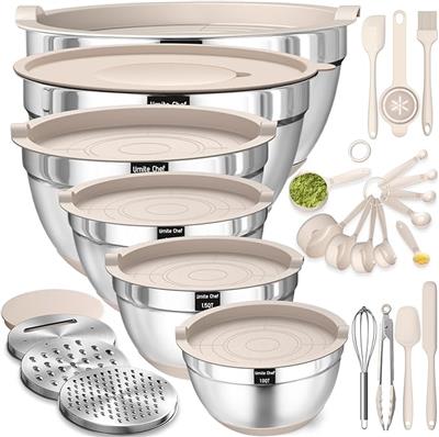 Amazon.com: Mixing Bowls with Airtight Lids Set, 26PCS Stainless Steel Khaki Bowls with Grater Attachments, Non-Slip Bottoms & Kitchen Gadgets Set, Si