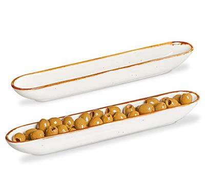 ONEMORE Olive Tray 12 inch Olive Boat, Narrow Olive Tray for Charcuterie Party Buffets - Ceramic Olive Plate Olive Canoe Serving Tray for Appetizers,