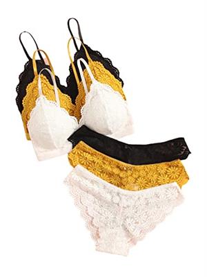 MakeMeChic Womens 3 Pack Floral Lace Scallop Trim Lingerie Set Wireless Bra and Panty Set Multicolor S