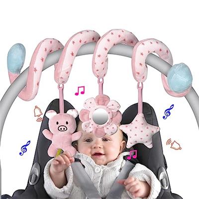 Car Seat Toys, Infant Baby Pink Pig Spiral Activity Hanging Toys Stroller Toys for Car Seat Stroller Bar Crib Bassinet Mobile with Mirror BB Squeaker