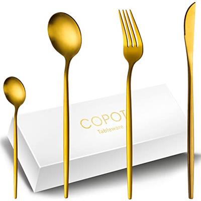 COPOTI Matte Gold Cutlery Set 24 Piece For 6 People, Thin Handle Stainless Steel brushed gold Knife Fork Spoon Dinner For Flatware Set.