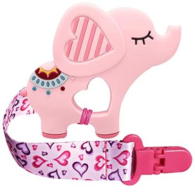 BIGSPINACH 1 Soft Dinosaur Teether for Babies and 1 Baby Pacifier Clip, Valentines Day Gifts for Baby Girl Boy,Silicone Chew Toys for Baby (Pink Eleph