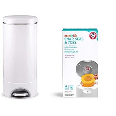 Munchkin Step Diaper Pail Powered by Arm & Hammer & Munchkin Arm & Hammer Diaper Pail Snap with Seal and Toss Refill Bags, 6 Count
