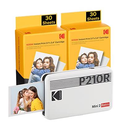 KODAK Mini 2 Retro 4PASS Portable Photo Printer (2.1x3.4 inches) Initial 8 Sheets + 60 Sheets Bundle, White