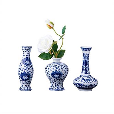 Set of 3 Small Blue & White Porcelain Vases, Fambe Glaze Porcelain Vases Set of 3, Classic Ceramic Flower Vases for Home Décor
