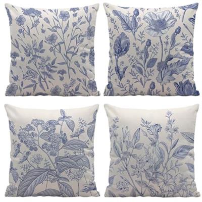 Ayxvt Blue Floral Pillow Covers, Blue and White Throw Pillows, Chinoiserie Pillow Cover, Blue Throw Pillows for Couch, 18x18 Pillow Cover Set of 4