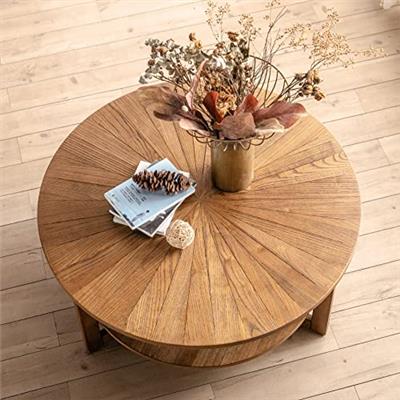 DS-HOMEPORT Wood Round Coffee Table for Living Room, 2 Tier Circle Farmhouse Coffee Table with Storage, Mid-Century Rustic Natural Coffee Table for Ap
