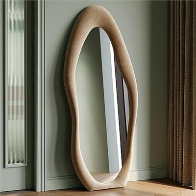 Honyee Full Length Mirror, 63 x 24 Wall Mirror, Flannel Wrapped Wooden Frame Floor Mirror, Irregular Wavy Mirror Hanging or Leaning Against Wall for