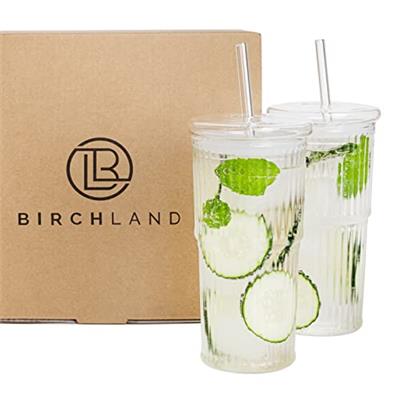 Birchland All Glass Iced Coffee Cup with Lid and Straw, Ribbed Glass Tumbler Set of 2 (22 oz ribbed)
