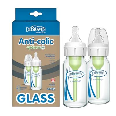 Dr. Browns Natural Flow Anti-Colic Options+ Narrow Glass Baby Bottle 4 oz/120 mL, with Level 1 Slow Flow Nipple, 2 Pack, 0m+