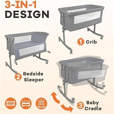 Amazon.com : Bedside Crib for Baby, 3 in 1 Bassinet with Large Curvature Cradle, Bedside Sleeper Adjustable and Movable Beside Bassinet with Mosquito