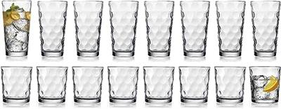 Drinking Glasses Set Of 16 - By Home Essentials - 8 Highball Glasses (17 oz.), 8 Rocks Whiskey Glass cups (13 oz.), Inner Circular Lensed Glass Cups f