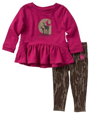 Carhartt Deer Family Ruffled Long-Sleeve Shirt and Camo Leggings Set for Babies or Toddler Girls