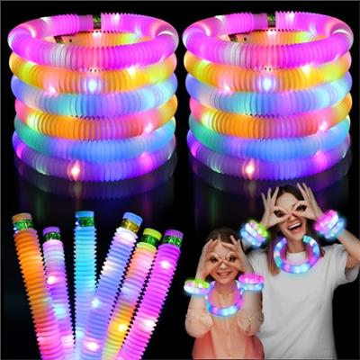 Light Up Pop Fidget Tubes Party Favors for Kids, 12 Pack Glow in The Dark Party Supplies Toddler Sensory Toys, Large Glow Sticks as Goodie Bag Stuffer