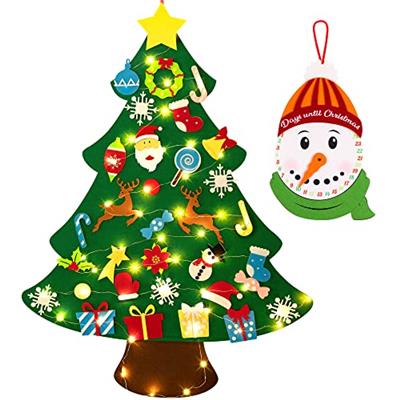 3ft DIY Lighted Felt Christmas Tree Set Plus Snowman Advent Calendar - Xmas Decorations Wall Hanging 33 Ornaments Kids Gift with String Light (Batteri