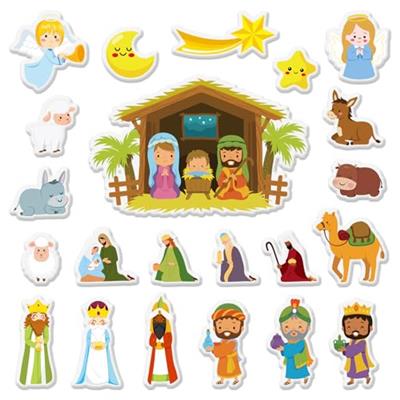 Whaline 50Pcs Christmas Thick Gel Clings Cartoon Xmas Nativity Window Gel Clings Removable Holy Jesus Birth Window Decals for Home Classroom Nursery B