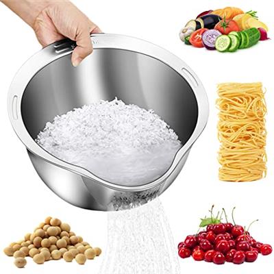 Rice Washer Strainer Bowl - 4-in-1 Washing Bowl for Quinoa, Stainless Steel Rinser With Side Drainers Small Colander for Cleaning Fruits, Vegetables,