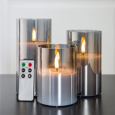 Eywamage Grey Glass Flameless Candles with Remote Battery Operated Flickering LED Pillar Candles Real Wax Wick Φ 3 H 4 5 6