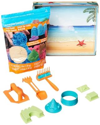Amazon Basics 3lbs Moldable Sensory Play Sand with Castle Molds and Tool Set, for Kids Ages 3 and Up, Medium, Natural Sand, 11 Count (Pack of 1)