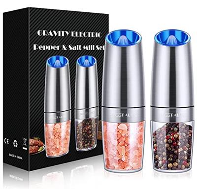 Gravity Electric Pepper and Salt Grinder Set, Salt and Pepper Mill & Adjustable Coarseness, Battery Powered with LED Light, One Hand Automatic Operati
