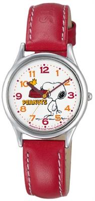 Citizen Q&Q AA95 Womens Analog Snoopy Waterproof Leather Strap Wristwatch, red, Watch