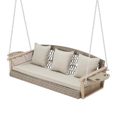 HOMREST 3-Person Porch Swing 55in Wicker Hanging Swing Bench with Cushions Cupholders Swing Chair with Chains 800lbs Capacity for Deck Garden Backyard
