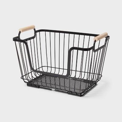 Metal Stackable Wire Pantry Basket With Rubber Wood Handle Black - Brightroomâ„¢ : Target