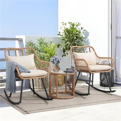 Verano Garden 3 Pieces Outdoor Rocking Chairs Set, All Weather Wicker Bistro Chair W/Round Table, Balcony Furniture for Porch, Deck, Backyard