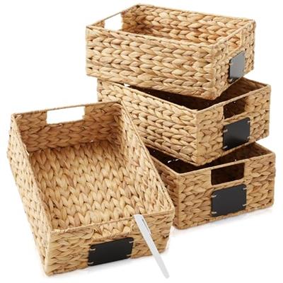 Casafield Set of 4 Water Hyacinth Pantry Baskets, 10 x 13 x 5, with Chalkboard Labels and Chalk Marker - Natural, Woven Storage Bin Organizers for