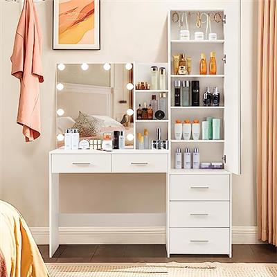 usikey 47.2 Large Vanity Desk with 10 Lights Bulbs & Full-Length Mirror, 70.9 High, Makeup Vanity with Lights and 5 Drawers, Vanity Table Set with M