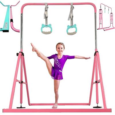 PreGymnastic Updated Folding Gymnastics Bar with Rings, Foldable Kip Bar with Sturdier Base, Gymnasitc Training Bar for Kids Ages 3-10, Gymnastic Hori