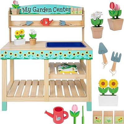 Amazon.com: Wooden Toy Gardening Center Indoor Playset - 22 Pc Garden Stand Set w Flowers Seed Packets Pots Shovel Rake Apron Watering Pot - Great Int
