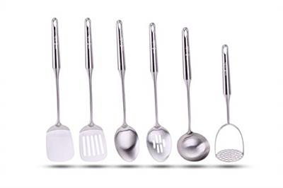 Millvado Stainless Steel Utensil Set: Set of 6 Cooking and Serving Kitchen Tools - Solid Spoon, Slotted Spoon, Solid Turner, Slotted Turner, Soup Ladl