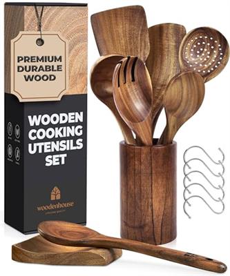 Wooden Spoons for Cooking – Wooden Utensils for Cooking Set with Holder, Spoon Rest & Hooks, Teak Wood Nonstick Kitchen Cookware – Durable Set of 8pcs