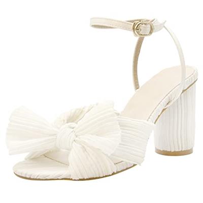 MUCCCUTE Womens Bow Knot Heeled Sandals White Ankle Buckle Strap Chunky Heeled Open-toe Bridal Wedding Party Fashion Heeled Sandals