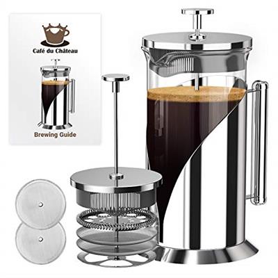 Cafe Du Chateau Stainless Steel French Press Coffee Maker - 34oz Versatile Coffee Press Coffee Maker with 4-Level Filtration, BPA Free, French Press S