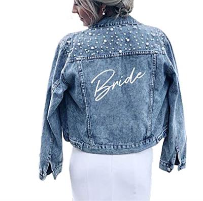 Pearl Bride Denim Jacket Custom Mrs Bride Bachelorette jacket Hen party gift (XXL-US12/14, Blue)