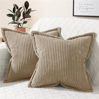 Mecatny Corduroy Pillow Covers 18x18 Inch Set of 2 - Striped Throw Pillow Covers with Wide Border for Living Room, Bed - Soft Square Decorative Pillow