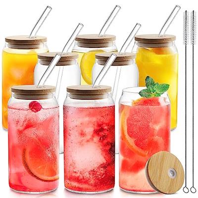 HOMBERKING Glass Cups with Bamboo Lids and Straws 8pcs Set, 20oz Can Shaped Cups, Beer Glasses, Iced Coffee Cups, Cute Tumbler with 2 Cleaning Brushes