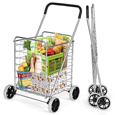 IRONMAX Grocery Shopping Cart, Foldable Heavy Duty Utility Cart w/Large Wheels for Easy Installation and Removal, Lightweight Trolley Cart for Grocery