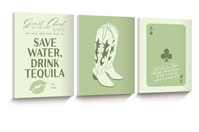 iHery Framed Trendy Cowgirl Western Muted Green Wall Art Set of 3, 12x16in Canvas Bar Cart Cocktail Print, Preppy Aesthetic Dorm Decor, Save Water Dri