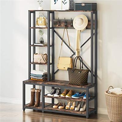 Tribesigns Mudroom Hall Tree, 4-in-1 Entryway Coat Rack, Industrial Wooden Entryway Bench with Coat Rack, Storage Shelving with Shoe Bench/5 Hanging H