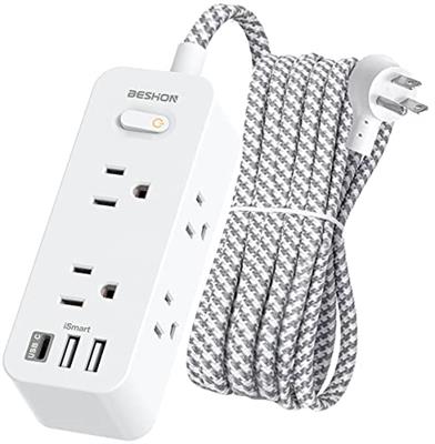 BESHON 10 FT Extension Cord, Surge Protector Power Strip with 6 Widely AC Outlets 3 USB Ports(1 USB C),3-Side Outlet Extender, Flat Plug, Wall Mount f