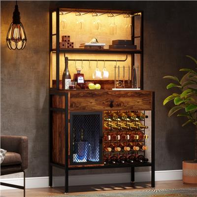 Freestanding 32-bottle Wine Rack Table with Drawer and 6 Hooks, Liquor Cabinet with Wine Glass Holde