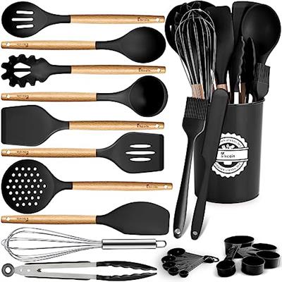 23 PCS Kitchen Utensils Set, Kikcoin Wood Handle Silicone Cooking Utensils Set with Holder, Spatulas Silicone Heat Resistant Cooking Gadgets for Nonst