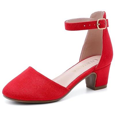 LAURMOSA Heels for Girls Closed Toe Red Dress Shoes Low Heel Block Pumps Platform Shoes Dorothy Halloween Christmas Party High Heel Chunky Wedding for