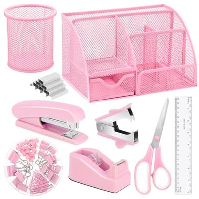 Pink Desk Organizers and Accessories, Pink Gifts Pink Office Supplies Include Mesh Desk Organizer, Tape Dispenser, Stapler, 1000 Staples, Staple Remov