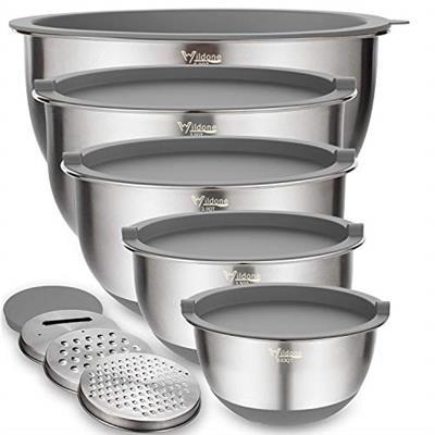 Wildone Mixing Bowls Set of 5, Stainless Steel Nesting Bowls with Grey Lids, 3 Grater Attachments, Measurement Marks & Non-Slip Bottoms, Size 5, 3, 2,