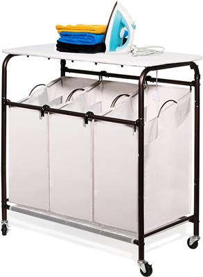 Amazon.com: Ollieroo Classic Rolling Laundry Sorter Cart Heavy Duty 3 Bags Laundry Hamper Sorter with Ironing Board (Beige) : Home & Kitchen